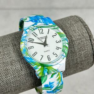 Embassy Gruen Watch Womens 38mm Blue Floral Enamel Clamper Cuff New Battery